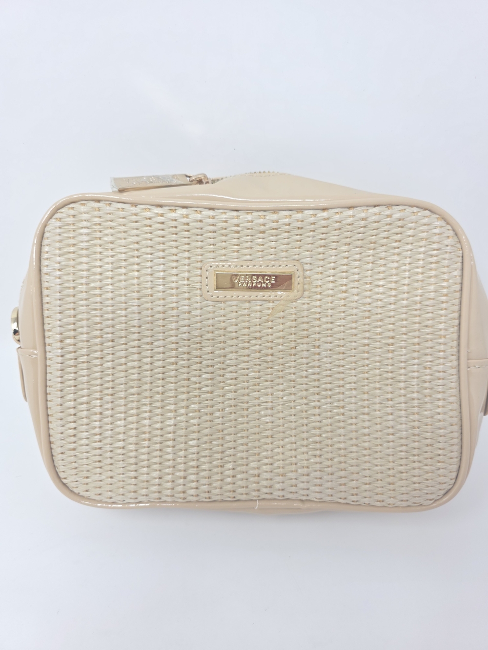 VERSACE Woven Bag Gloss Trim Makeup Cosmetic Perfume Bag Tan Gold Zip Closure